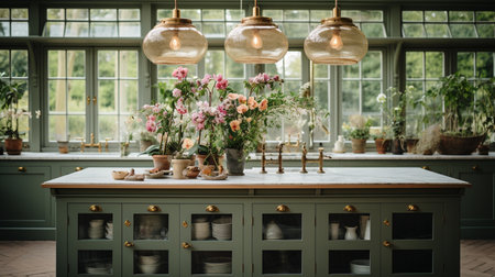 Interior of a modern kitchen with flowers in vases and lampsの素材