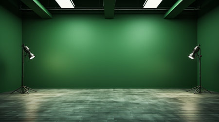 Interior of modern studio with green wall, floor and lighting equipmentの素材