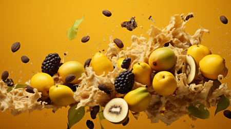 Fruit splashing on a yellow background. 3d rendering.の素材
