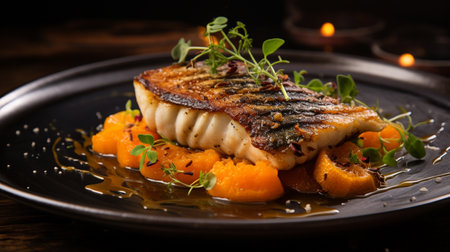 Grilled fish fillet with pumpkin and microgreens on black plateの素材