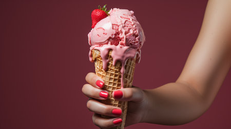 Close up of woman hand holding strawberry ice cream cone on pink backgroundの素材