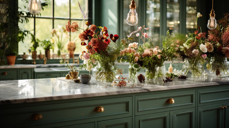 Beautiful flowers on the table in the interior of the kitchen.の素材