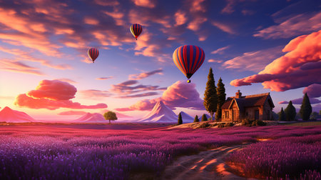 Hot air balloons over lavender field at sunset, 3d renderの素材