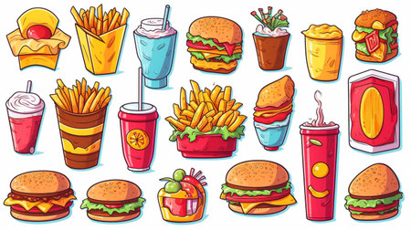 Fast food icons set. Cartoon set of fast food vector icons for web designの素材