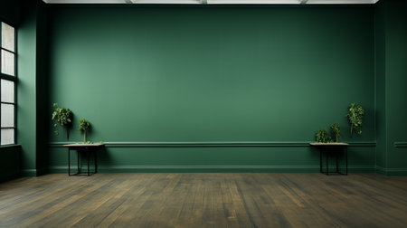 Green wall in empty room with wooden floor - 3D Renderingの素材