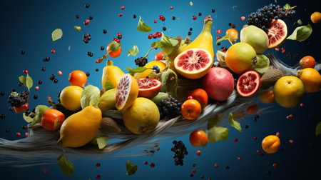 Fruits and vegetables flying in the air. 3d illustration.の素材