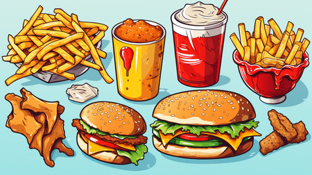Illustration of a set of fast food products including hamburger, french fries, colaの素材