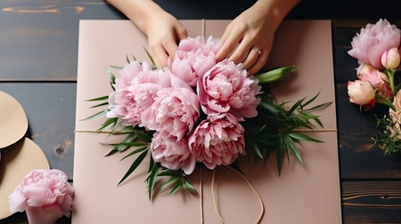 Beautiful bouquet of pink peonies in female hands on a wooden tableの素材