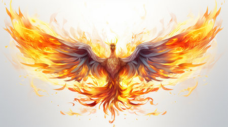 Flaming eagle. Vector illustration of a flying bird in fire.の素材
