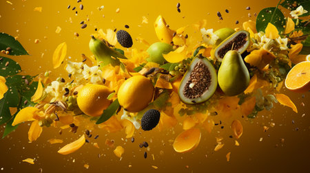 Fruit mix with yellow leaves and splashes on a yellow backgroundの素材