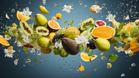 Falling fruits and vegetables with splash on blue background. Mixed mediaの素材