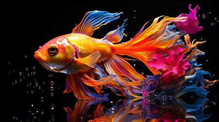 goldfish with colorful petals on black background, close-upの素材