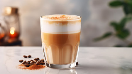 Glass of tasty caramel macchiato on table, closeupの素材