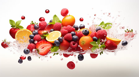 Fruits and berries falling into water with splashes on white backgroundの素材