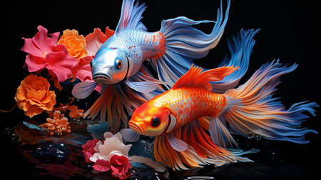 Siamese fighting fish on a black background. Isolation.の素材