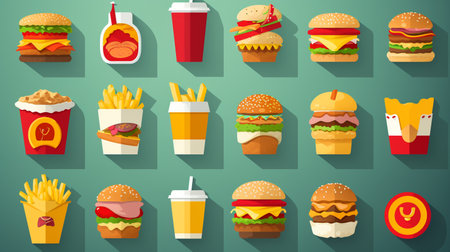 Fast food icons set with hamburgers, french fries and soda drinks isolated vector illustrationの素材