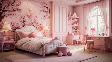 Pink children's room with a large bed. 3d rendering.の素材