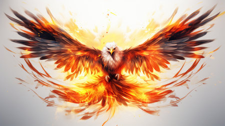 Eagle flying with fire effect on a white background. 3d renderingの素材