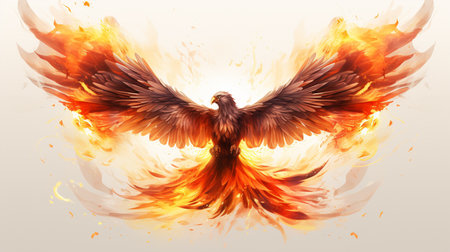 Illustration of a flying eagle with fire effect on white background.の素材