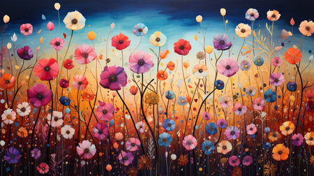 Flowering meadow with poppies. Digital painting.の素材