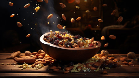 Dry fruits and nuts falling in a wooden bowl on a dark backgroundの素材