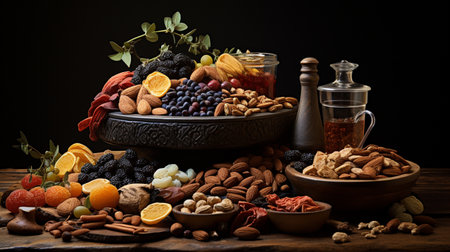 Healthy food background. Assortment of nuts, dried fruits and berries on wooden table.の素材