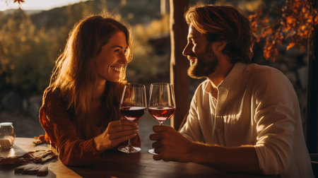 Beautiful young couple is drinking red wine and smiling while sitting at the table in restaurant outdoorsの素材