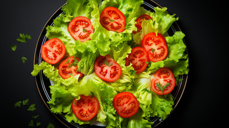 Fresh salad with tomatoes and lettuce on black background, top view.の素材