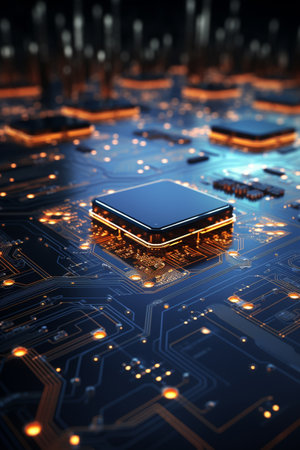 Circuit board with microchips close up. 3d renderingの素材