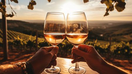 Two glasses of white wine in vineyard at sunset, closeupの素材