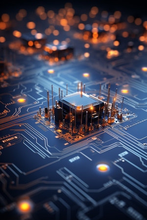 Circuit board with microchips and electronic components. 3d renderingの素材