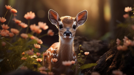 Little fawn in the forest with flowers. Selective focus.の素材