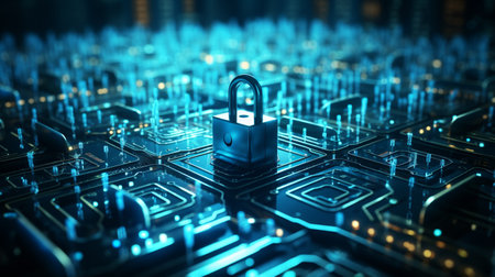 Cyber security and information privacy concept. Padlock on circuit board background 3D renderingの素材