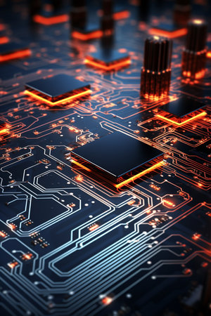 Circuit board close-up. Technology background. 3d renderingの素材