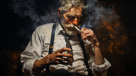 Portrait of an old man smoking a cigarette on a dark background.の素材
