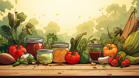 Illustration of a group of vegetables and jam jars on a wooden tableの素材