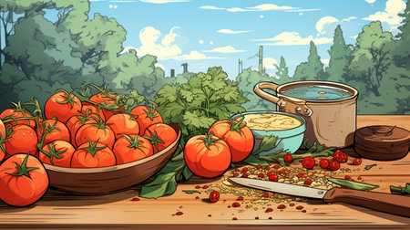 Illustration of tomato soup in a bowl and fresh tomatoes on wooden tableの素材