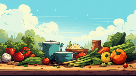 Vegetables on the wooden table. Vector illustration in cartoon styleの素材