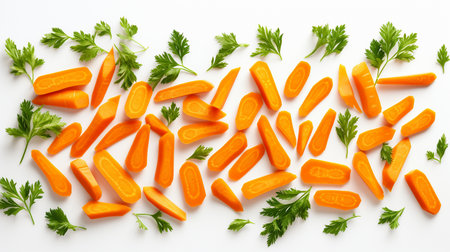 Sliced carrots with parsley on white background, top viewの素材