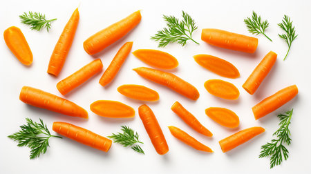 Fresh carrots with dill isolated on white background. Top view.の素材