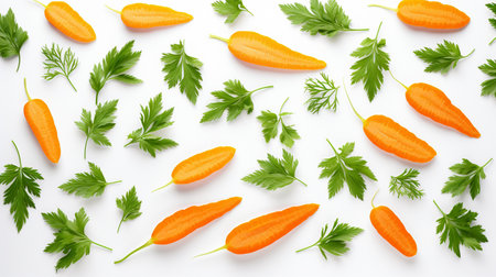 Fresh carrots with parsley leaves on white background. Top view.の素材