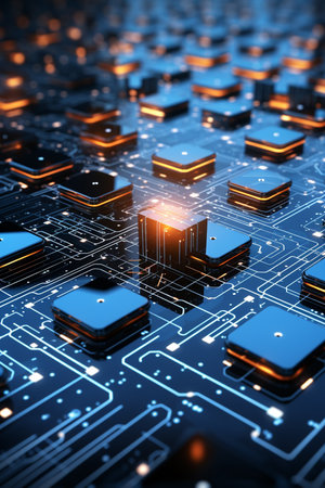 Circuit board with microchips and electronic components. 3d renderingの素材