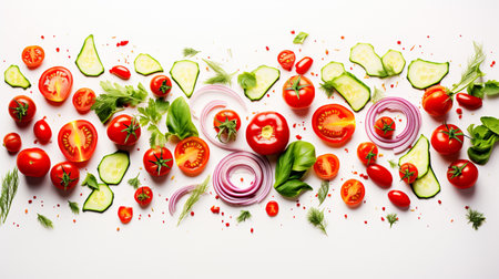 Fresh vegetables and herbs on white background. Top view. Flat layの素材