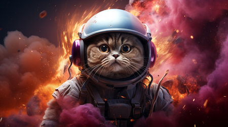 Astronaut cat wearing a helmet and listening to music. Mixed mediaの素材