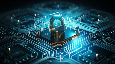 Cyber security concept with circuit board and padlock. 3D renderingの素材