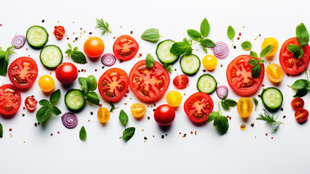 Fresh vegetables on a white background. Tomato, cucumber, onion, pepper and basil.の素材