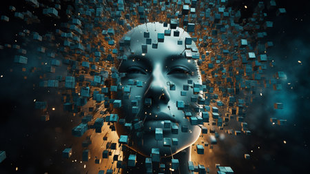 3D rendering of a female head surrounded by cubes and particles.の素材