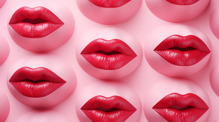 Red glossy lips on pink background. Close-up. 3d renderingの素材