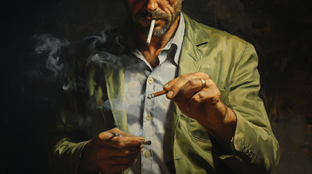 Portrait of an old man smoking a cigarette on a dark backgroundの素材