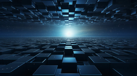 Dark blue futuristic background with glowing cubes. 3d rendering toned imageの素材